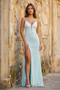 Mint Green Spaghetti Straps Sequins Mermaid Long Prom Dresses With Split