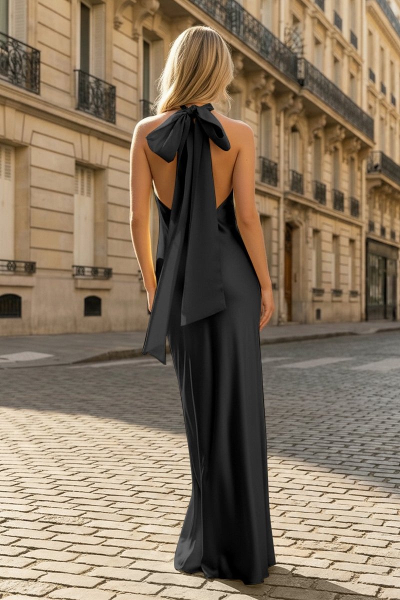 Yellow Halter Sheath Satin Backless Long Prom Dresses