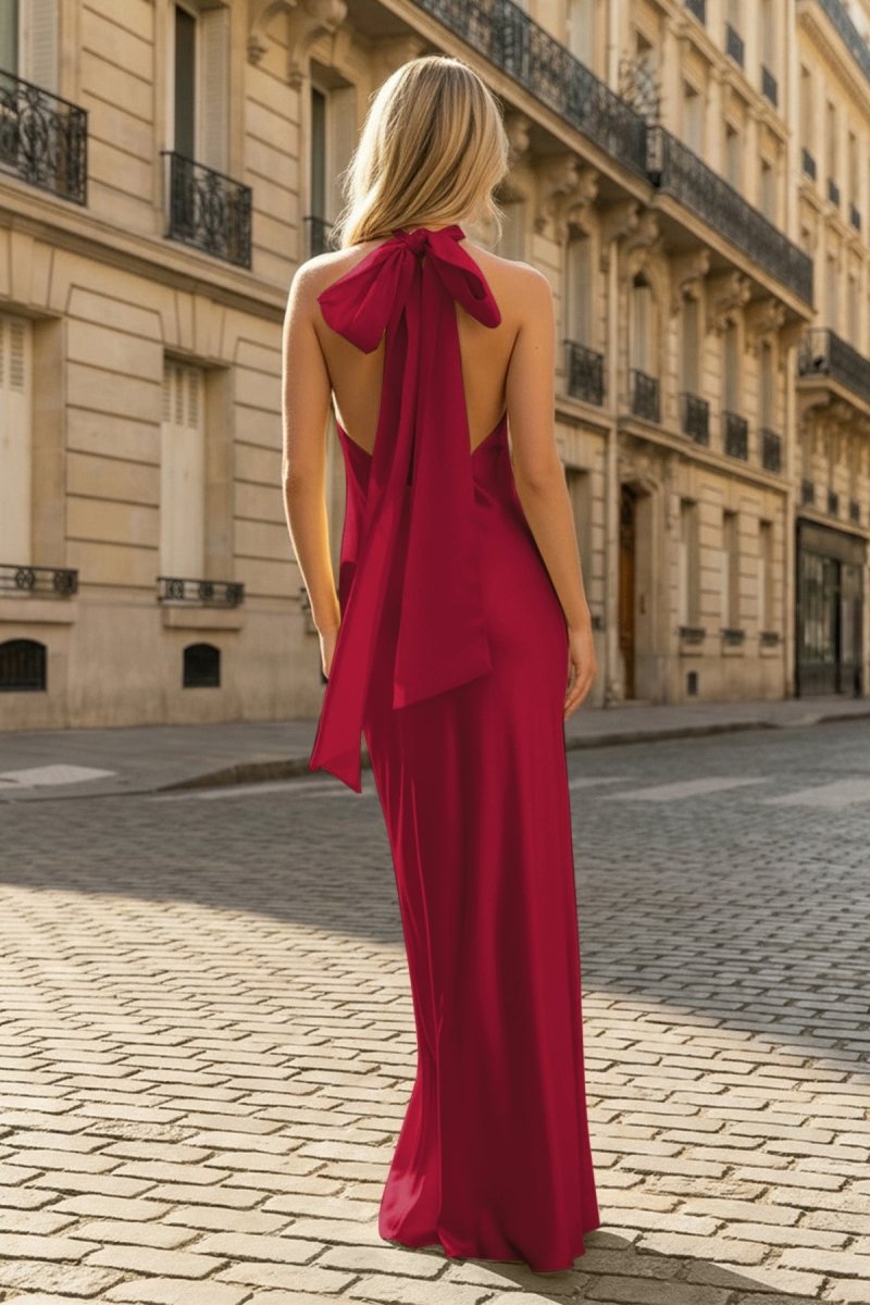 Yellow Halter Sheath Satin Backless Long Prom Dresses