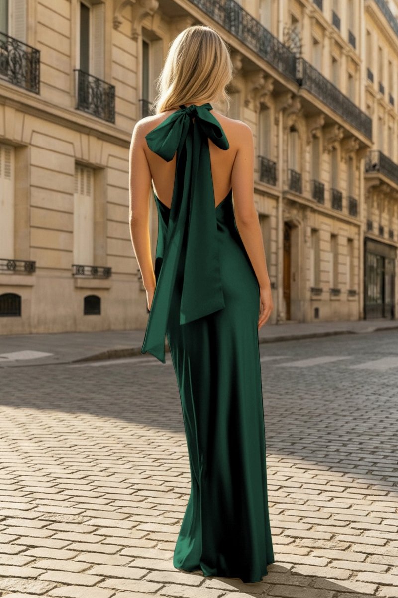 Yellow Halter Sheath Satin Backless Long Prom Dresses