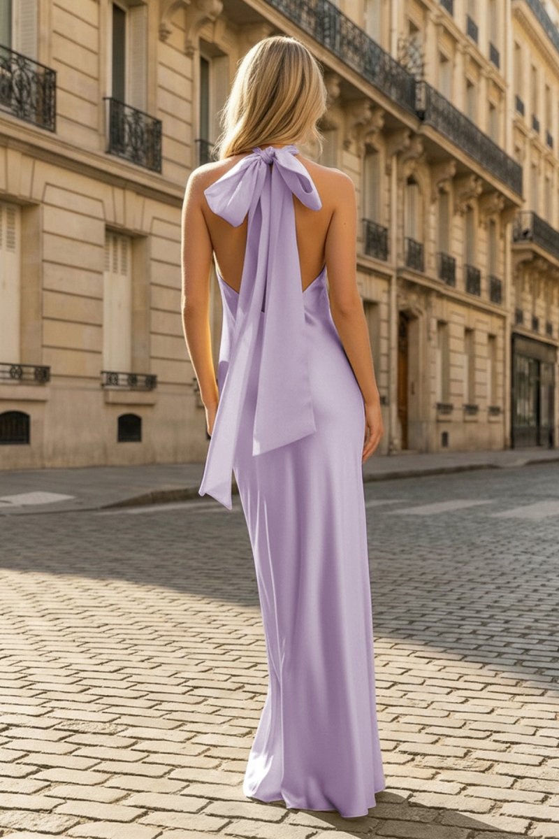 Yellow Halter Sheath Satin Backless Long Prom Dresses