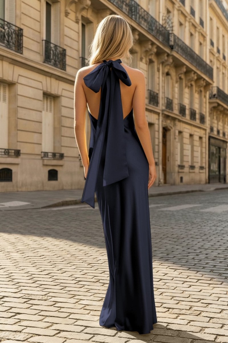 Yellow Halter Sheath Satin Backless Long Prom Dresses