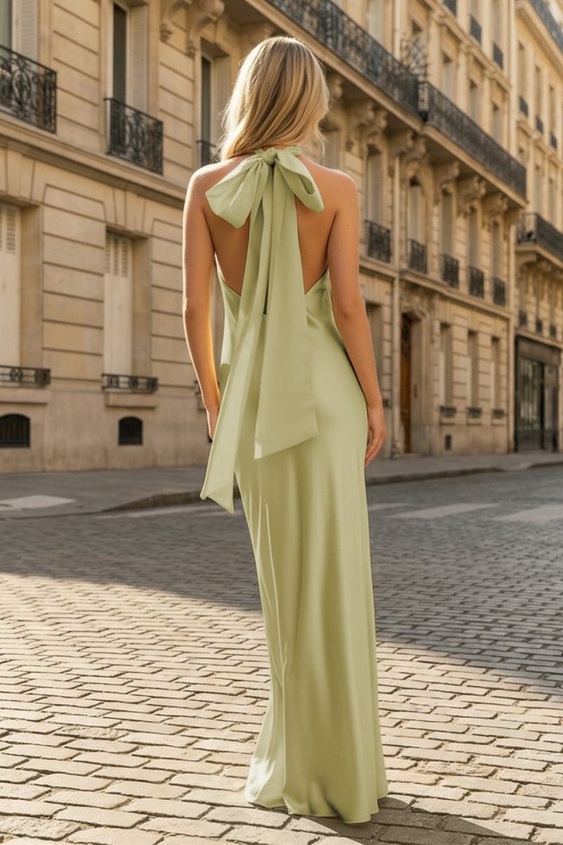 Yellow Halter Sheath Satin Backless Long Prom Dresses