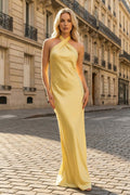 Yellow Halter Sheath Satin Backless Long Prom Dresses