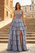 Gray Sweetheart A Line Satin Ruffled Long Prom Dresses With Slit