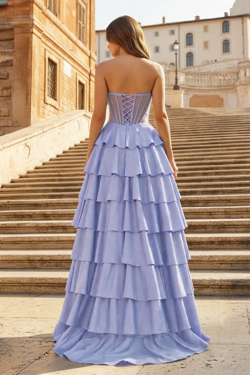 Gray Sweetheart A Line Satin Ruffled Long Prom Dresses With Slit