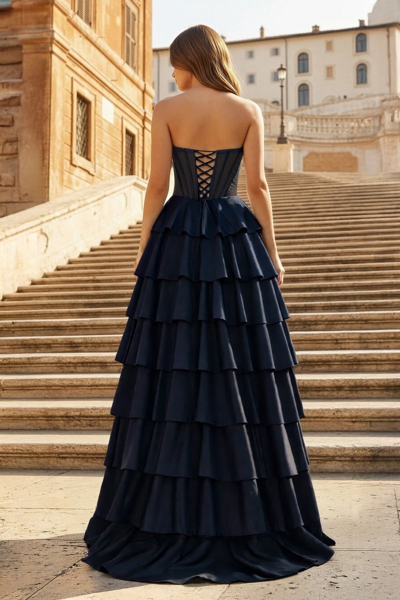 Gray Sweetheart A Line Satin Ruffled Long Prom Dresses With Slit