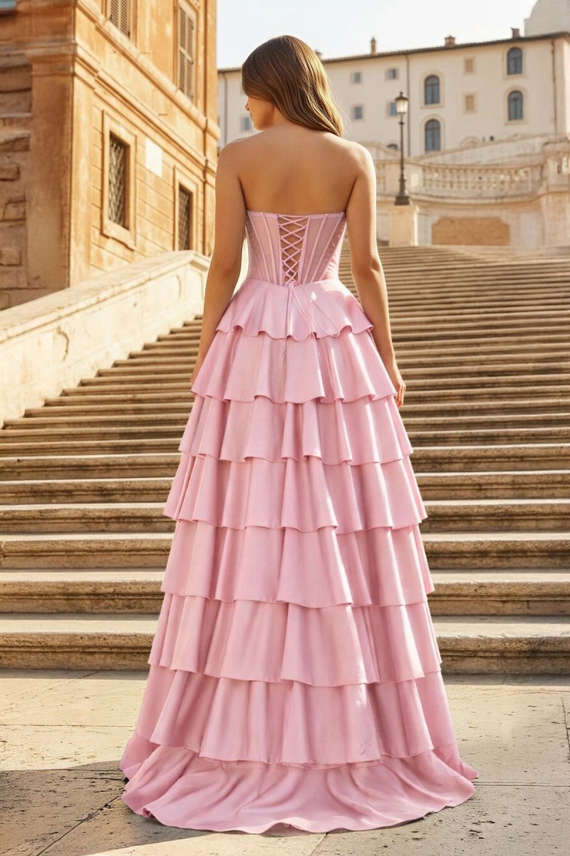 Gray Sweetheart A Line Satin Ruffled Long Prom Dresses With Slit