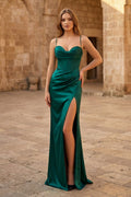 Sheath Spaghetti Straps Corset Satin Prom Dress with Split