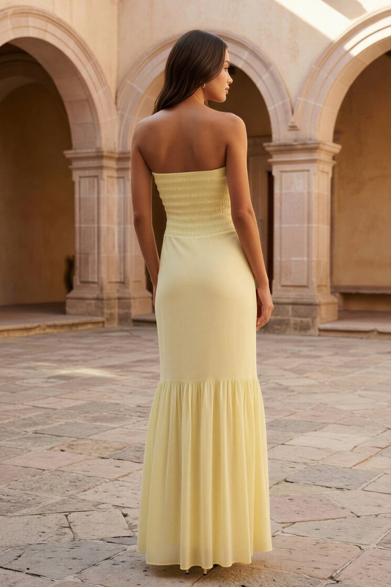 Yellow Strapless Sheath Chiffon Long Prom Dresses With Ruffles