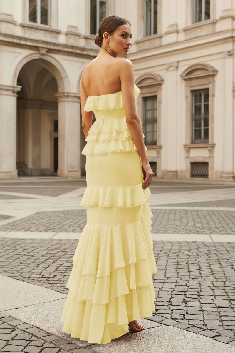 Pink Strapless Sheath Chiffon Ruffled Long Prom Dresses